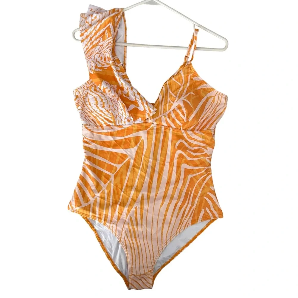 Florentine Swimsuit Set Womens L Orange New Palm Leaf Ruffle One Piece Sarong
